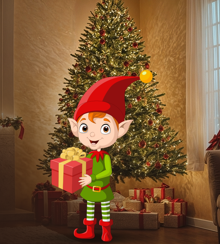 Cartoon elf holding a gift in front of a decorated Christmas tree.